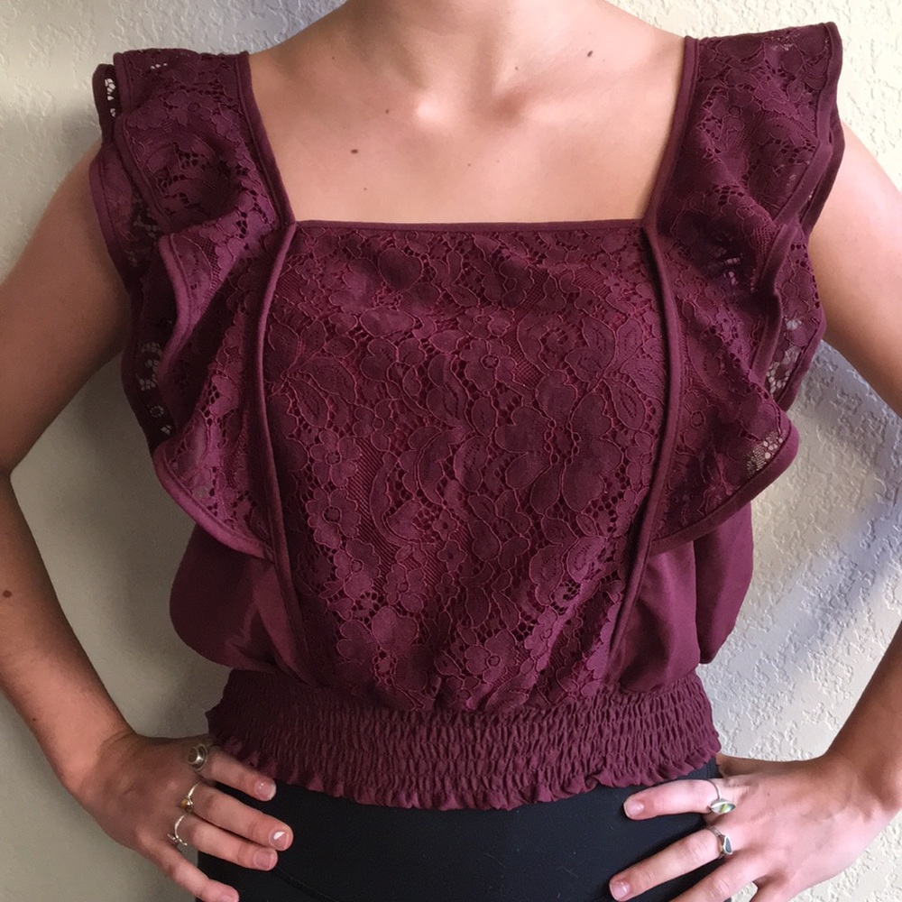 Burgundy Lace Short Sleeve Top
